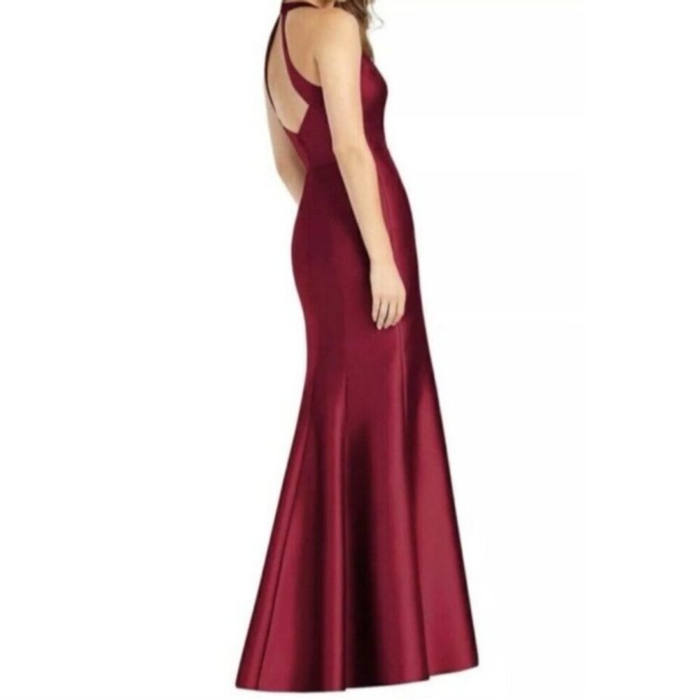 NEW Alfred Sung V-Neck Satin Trumpet Gown with Side Slit, Burgundy #D761 - Picture 3 of 14
